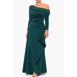 XSCAPE One Shoulder Long Sleeve Scuba Crepe Gown Hunter Green Size 14